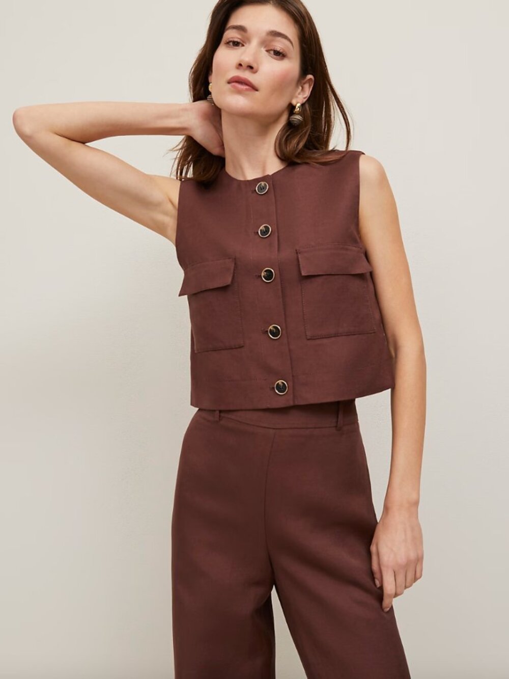 Ann Taylor Linen Blend Patch Pocket Vest, size 8, rich walnut